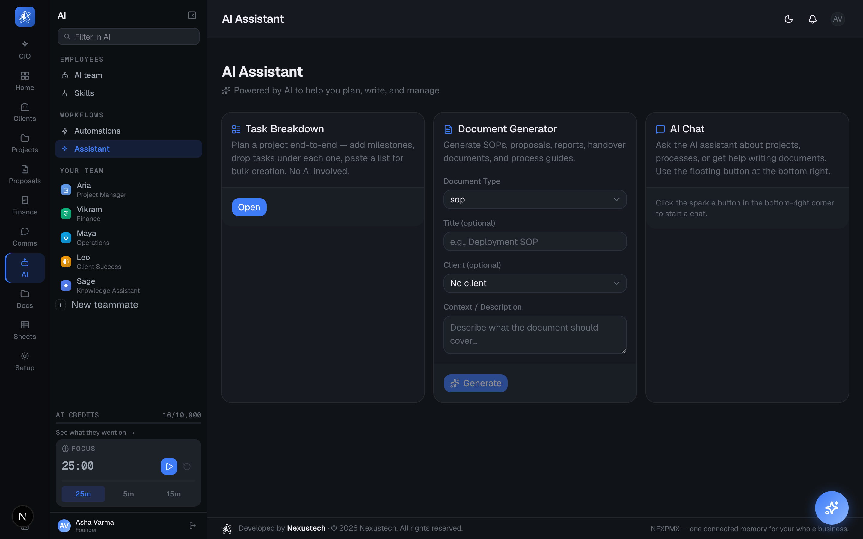 The Chief Intelligence Officer screen in NEXPMX, showing the morning briefing, the questions it has answered from the workspace's own records, and the actions it is proposing.